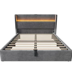 Lit Coffre 160x200 cm - Lit Double avec Sommier Relevable et Rangement - LED et Ports USB Type-C - Tissu Lin Gris - Sans Matelas