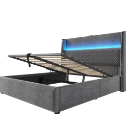 Lit Coffre 160x200 cm - Lit Double avec Sommier Relevable et Rangement - LED et Ports USB Type-C - Tissu Lin Gris - Sans Matelas