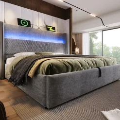 Lit Coffre 160x200 cm - Lit Double avec Sommier Relevable et Rangement - LED et Ports USB Type-C - Tissu Lin Gris - Sans Matelas