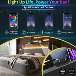 Lit Coffre 160x200 cm - Lit Double avec Sommier Relevable et Rangement - LED et Ports USB Type-C - Tissu Lin Gris - Sans Matelas