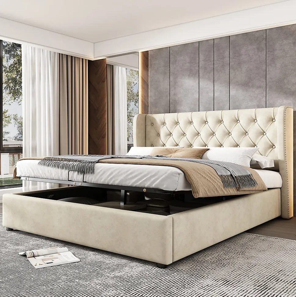 Lit coffre 140x190 cm - Lit double avec sommier à lattes et coffre hydraulique - Capitonné Velours - Sans Matelas - Beige