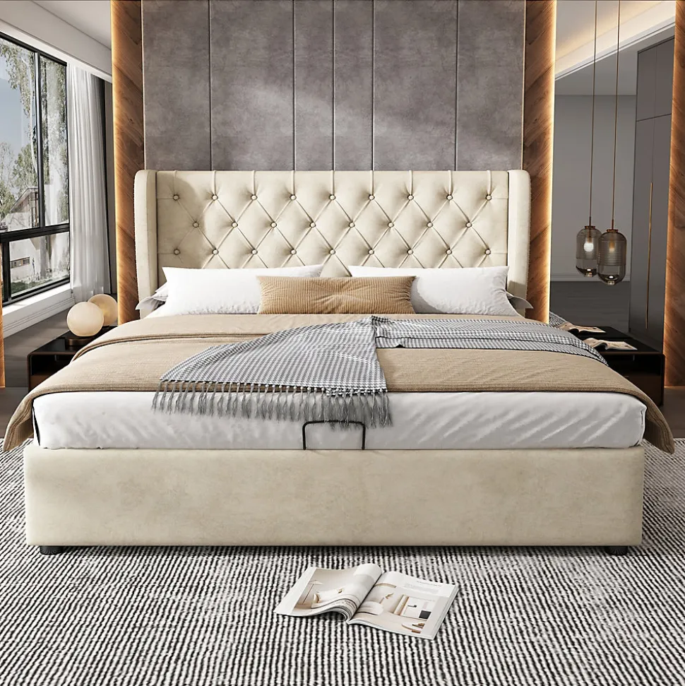 Lit coffre 140x190 cm - Lit double avec sommier à lattes et coffre hydraulique - Capitonné Velours - Sans Matelas - Beige