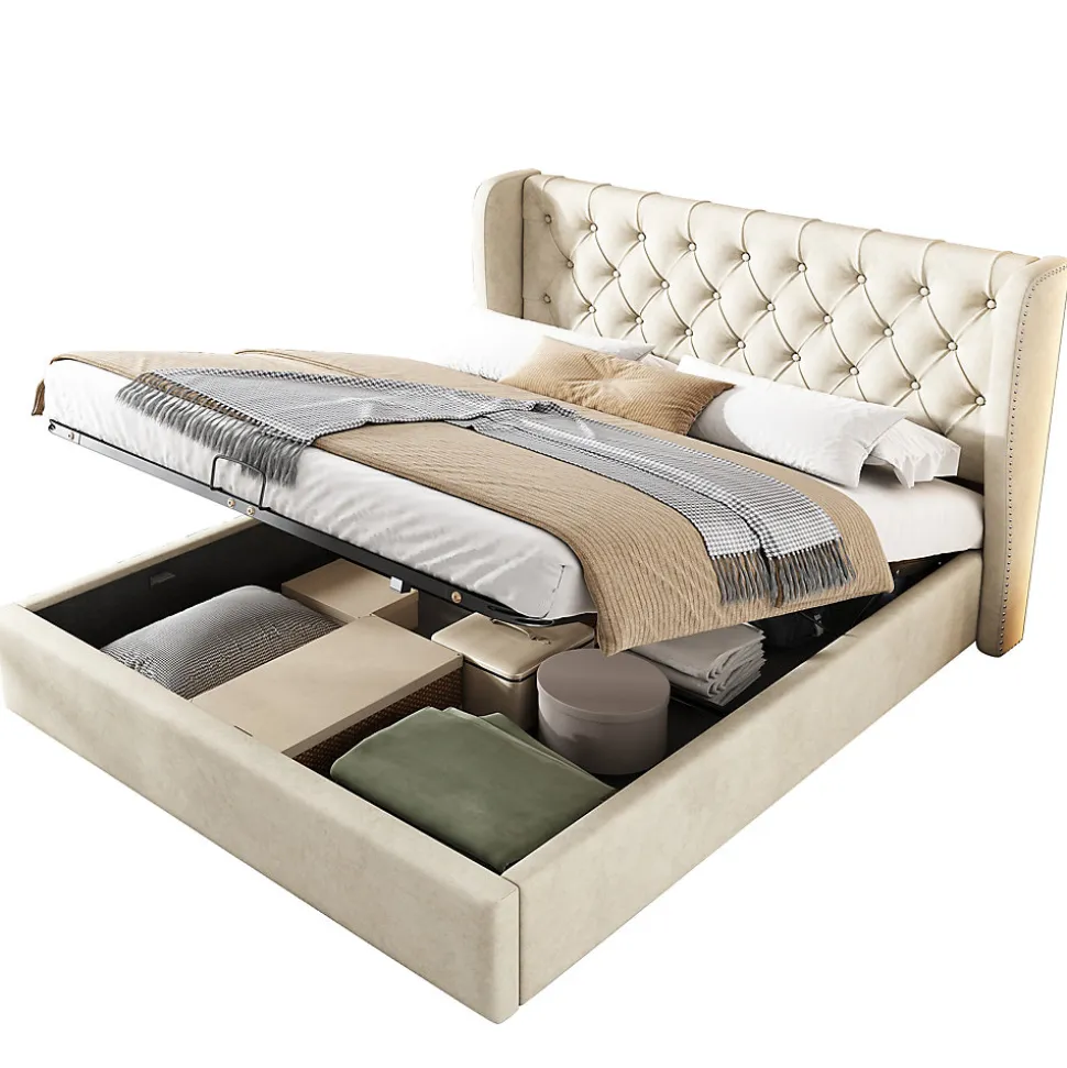 Lit coffre 140x190 cm - Lit double avec sommier à lattes et coffre hydraulique - Capitonné Velours - Sans Matelas - Beige