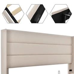 Lit coffre 160x200 cm - Lit double rembourré Beige avec sommier à lattes - Lin - Sans Matelas