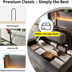 Lit Coffre 140x200 cm - Lit Double avec Sommier Relevable et Rangement - LED et Ports USB Type-C - Tissu Lin Gris - Sans Matelas