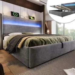 Lit Coffre 140x200 cm - Lit Double avec Sommier Relevable et Rangement - LED et Ports USB Type-C - Tissu Lin Gris - Sans Matelas