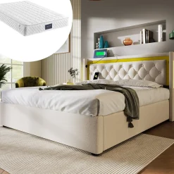 Lit coffre 160x200 cm - Lit double avec USB Type C et LED - Coton - avec Matelas - Beige