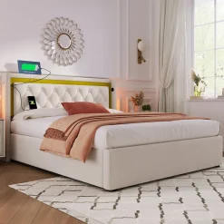 Lit coffre 160x200 cm - Lit double avec USB Type C et LED - Coton - avec Matelas - Beige