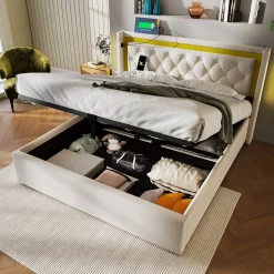 Lit coffre 160x200 cm - Lit double avec USB Type C et LED - Coton - avec Matelas - Beige