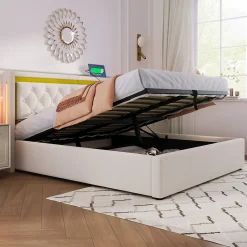 Lit coffre 160x200 cm - Lit double avec USB Type C et LED - Coton - avec Matelas - Beige