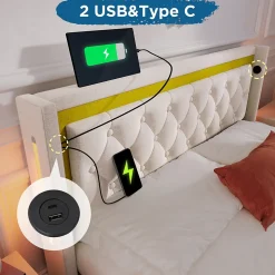 Lit coffre 160x200 cm - Lit double avec USB Type C et LED - Coton - avec Matelas - Beige