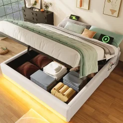 Lit Coffre 140x200 cm - Lit Double avec Poches de Rangement - Lin + MDF - Sans Matelas - Beige