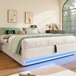 Lit Coffre 140x200 cm - Lit Double avec Poches de Rangement - Lin + MDF - Sans Matelas - Beige