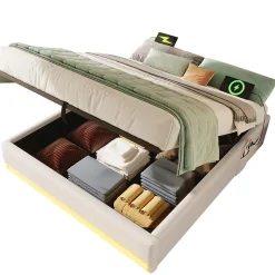 Lit Coffre 140x200 cm - Lit Double avec Poches de Rangement - Lin + MDF - Sans Matelas - Beige