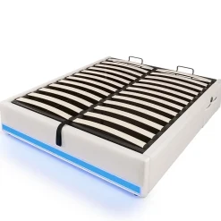 Lit Coffre 140x200 cm - Lit Double avec Poches de Rangement - Lin + MDF - Sans Matelas - Beige