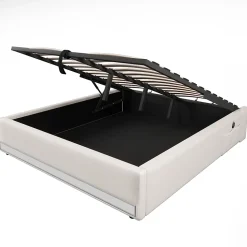 Lit Coffre 140x200 cm - Lit Double avec Poches de Rangement - Lin + MDF - Sans Matelas - Beige