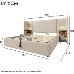 Lit coffre 160x200 cm - Lit double capitonné avec table de chevet et lampe de lecture - Lin - Sans Matelas - Beige