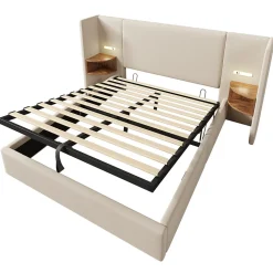 Lit coffre 160x200 cm - Lit double capitonné avec table de chevet et lampe de lecture - Lin - Sans Matelas - Beige