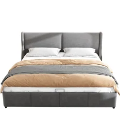 Lit coffre 160x200 cm - Lit double capitonné avec tête de lit oreille - Velours - Sans Matelas - Gris