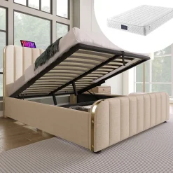 Lit coffre 140x200 cm - Lit double avec fonction de chargement USB Type-C - Lin - avec Matelas - Beige