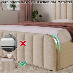 Lit coffre 140x200 cm - Lit double avec fonction de chargement USB Type-C - Lin - avec Matelas - Beige