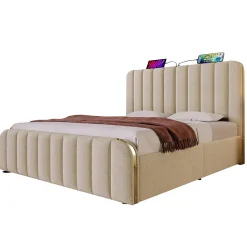 Lit coffre 140x200 cm - Lit double avec fonction de chargement USB Type-C - Lin - avec Matelas - Beige