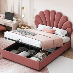 Lit coffre 140x200 cm - Lit double avec tête de lit fleur réglable - Velours + Métal + MDF - Sans matelas - Rose