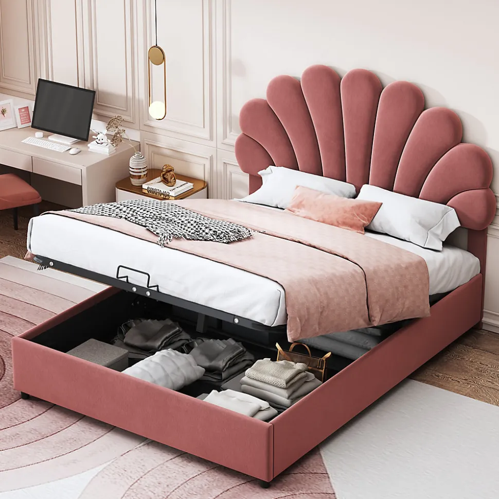 Lit coffre 140x200 cm - Lit double avec tête de lit fleur réglable - Velours + Métal + MDF - Sans matelas - Rose