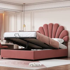 Lit coffre 140x200 cm - Lit double avec tête de lit fleur réglable - Velours + Métal + MDF - Sans matelas - Rose