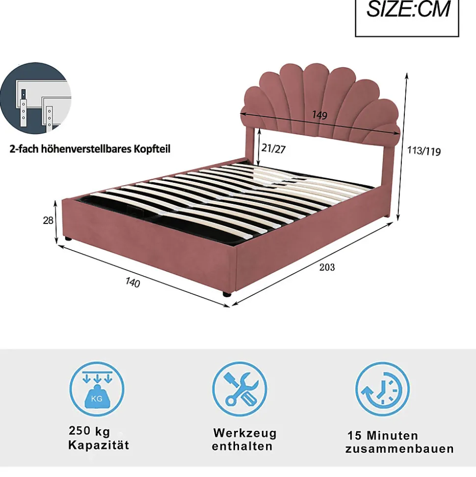 Lit coffre 140x200 cm - Lit double avec tête de lit fleur réglable - Velours + Métal + MDF - Sans matelas - Rose