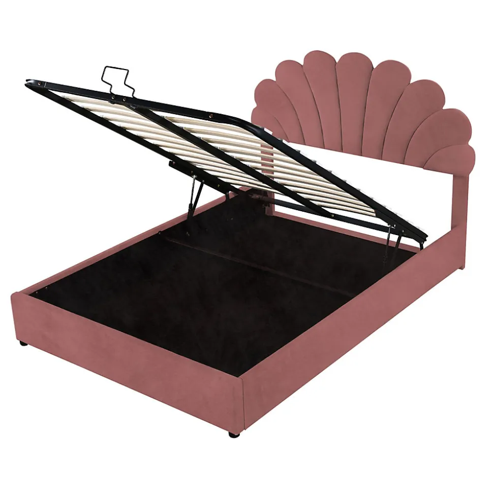 Lit coffre 140x200 cm - Lit double avec tête de lit fleur réglable - Velours + Métal + MDF - Sans matelas - Rose