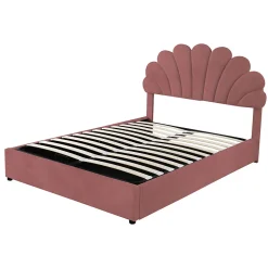 Lit coffre 140x200 cm - Lit double avec tête de lit fleur réglable - Velours + Métal + MDF - Sans matelas - Rose