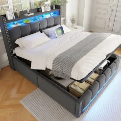 Lit coffre 140x200 cm - Lit double en tissu gris avec LED multicolores et rangement hydraulique - Sans matelas