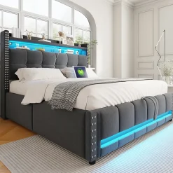 Lit coffre 140x200 cm - Lit double en tissu gris avec LED multicolores et rangement hydraulique - Sans matelas