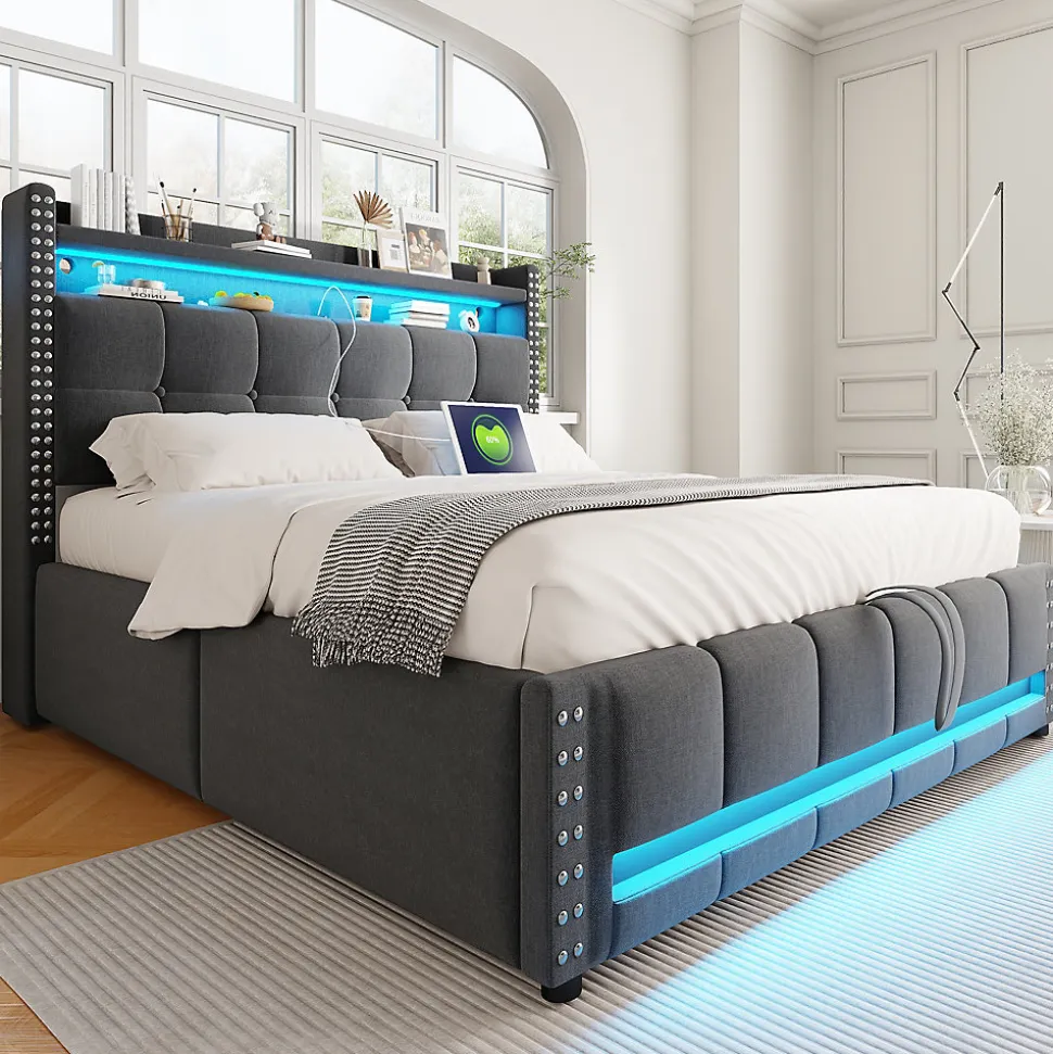 Lit coffre 140x200 cm - Lit double en tissu gris avec LED multicolores et rangement hydraulique - Sans matelas