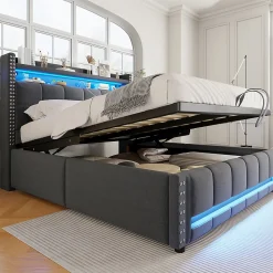 Lit coffre 140x200 cm - Lit double en tissu gris avec LED multicolores et rangement hydraulique - Sans matelas