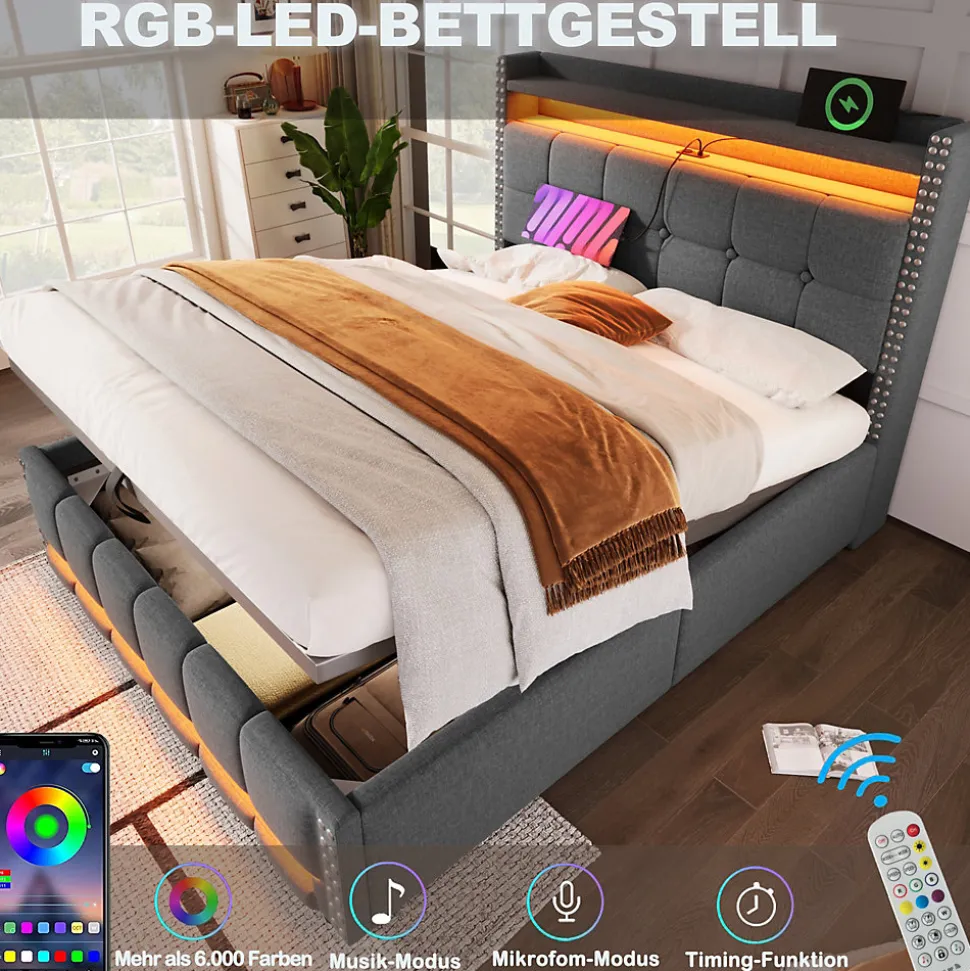 Lit coffre 140x200 cm - Lit double en tissu gris avec LED multicolores et rangement hydraulique - Sans matelas