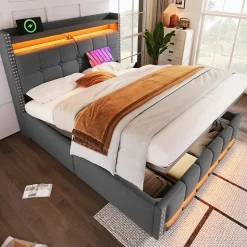 Lit coffre 140x200 cm - Lit double en tissu gris avec LED multicolores et rangement hydraulique - Sans matelas