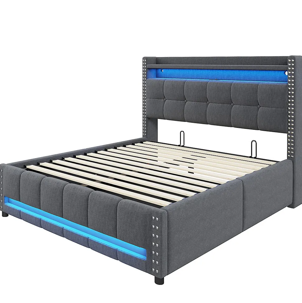 Lit coffre 140x200 cm - Lit double en tissu gris avec LED multicolores et rangement hydraulique - Sans matelas