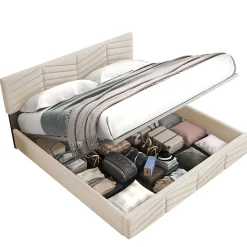 Lit coffre 140x200 cm - Lit Double Capitonné avec Tête de Lit Réglable - Velours - Sans Matelas - Beige