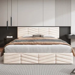 Lit coffre 140x200 cm - Lit Double Capitonné avec Tête de Lit Réglable - Velours - Sans Matelas - Beige