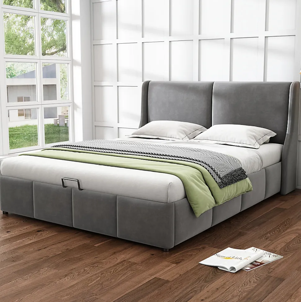 Lit coffre 180x200 cm - Lit double capitonné avec tête de lit oreille - Velours - Sans Matelas - Gris