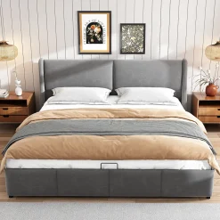 Lit coffre 180x200 cm - Lit double capitonné avec tête de lit oreille - Velours - Sans Matelas - Gris