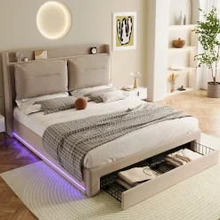 Lit coffre 140x190 cm - Lit Double Capitonné avec Tiroirs et Éclairage LED - Velours - Sans Matelas - Beige