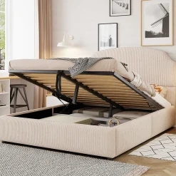 Lit Coffre 140x200 cm - Lit Double Adulte Capitonné avec Rangement Intégré, sans Matelas - Velours Beige