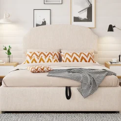 Lit Coffre 140x200 cm - Lit Double Adulte Capitonné avec Rangement Intégré, sans Matelas - Velours Beige