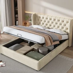 Lit coffre 180x200 cm - Lit double avec sommier à lattes et coffre hydraulique - Velours - Sans Matelas - Beige