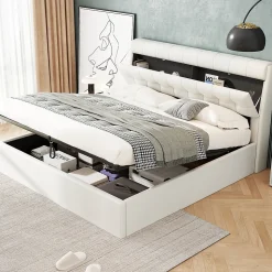 Lit Coffre 160x200 cm - Lit Double Capitonné avec Tête de Lit et Rangement Caché - PU - Sans Matelas - Blanc