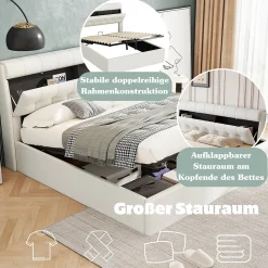 Lit Coffre 160x200 cm - Lit Double Capitonné avec Tête de Lit et Rangement Caché - PU - Sans Matelas - Blanc