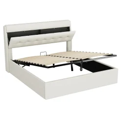 Lit Coffre 160x200 cm - Lit Double Capitonné avec Tête de Lit et Rangement Caché - PU - Sans Matelas - Blanc